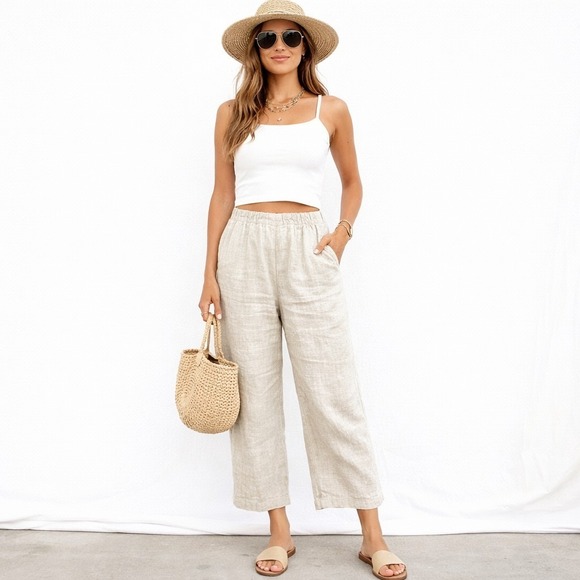 Everlane Pants - EVERLANE The Linen Easy Pant Sz L Striped Elastic Waist Pull-On Nautical Resort